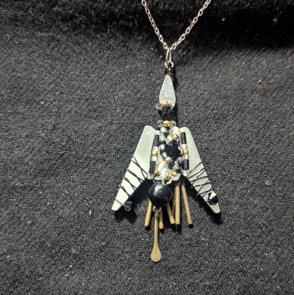 Vintage Liztech Liz Tech Silver Tone Beaded Guitar Pendant Statement Necklace